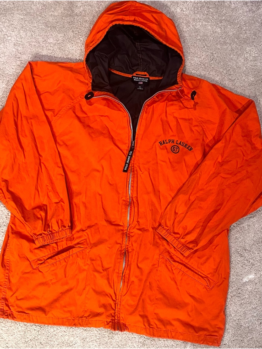 Vintage Polo Jeans Ralph Lauren hooded 67 Cotton Windbreaker Jacket Orange XL